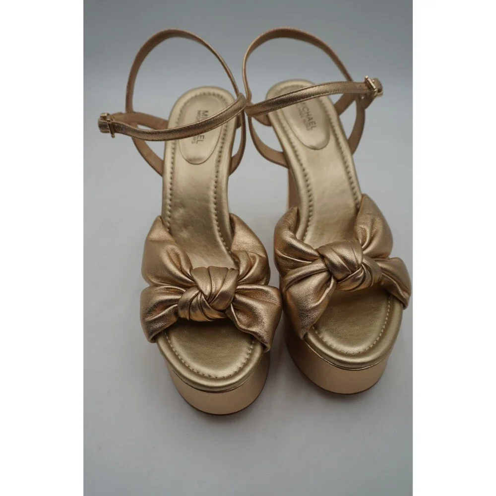 Michael Kors Elena Metallic Gold Leather Knot Platform Ankle Strap Heels Sz 10M